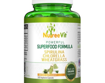 Organic Spirulina Chlorella Wheatgrass Capsules 500mg | Greens Superfood Blend | Vegan Capsules | NutreeVit