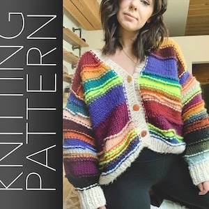May include: A colorful striped cardigan with a V-neck and button closure. The cardigan is made of a soft, chunky yarn and has a relaxed fit.