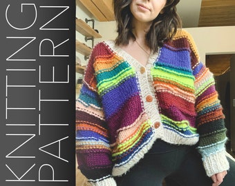 May include: A colorful striped cardigan with a V-neck and button closure. The cardigan is made of a soft, chunky yarn and has a relaxed fit.