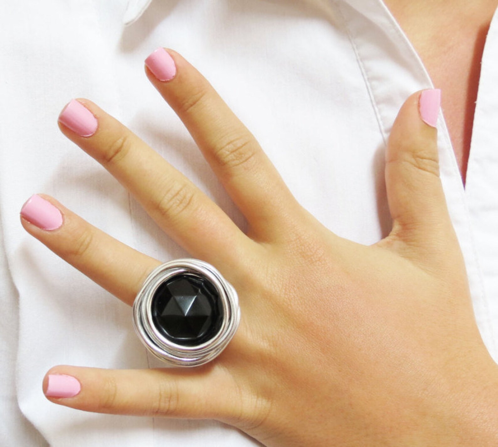 Silver And Black Ring Black Stone Ring Black Statement Ring Etsy