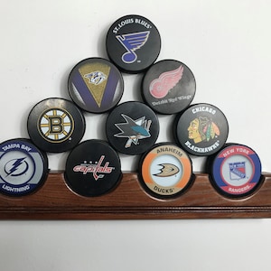 Hockey Puck Display Wall mount rack floating shelf Holder for 4 to 10 pucks   Hand made Hockey puck holder -Wall rack display case 10 pucks