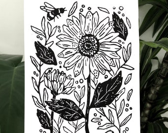Sunflower - Rustic Lino Art Print A5