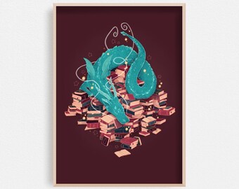 Library Dragon Art Print A4