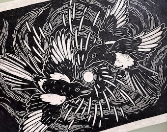 Urracas - Lámina de linograbado tamaño A4, hecha a mano.