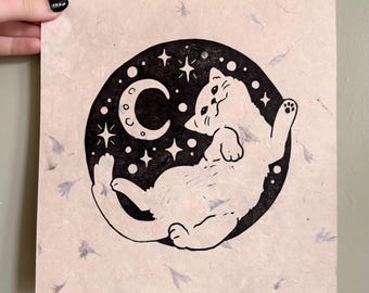 Grabado en linóleo Gato Luna Cuadrado Arte Lámina