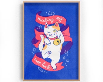 Risograph Lucky Cat Art Print A4