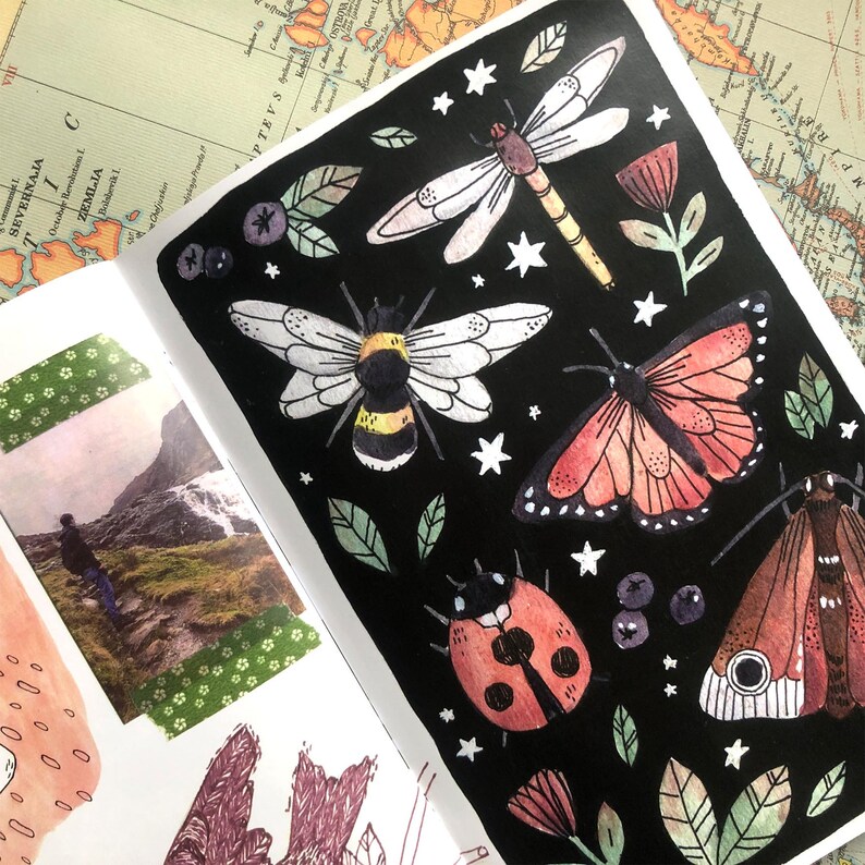 Puede incluir: Una p&aacute;gina de diario con ilustraciones en acuarela de insectos y plantas sobre un fondo negro. La obra de arte incluye una lib&eacute;lula, un abejorro, una mariposa, una mariquita y una polilla, junto con estrellas, hojas y bayas. Tambi&eacute;n se ve una fotograf&iacute;a de una persona caminando.