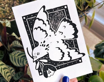Tarjeta de felicitación en linóleo con paloma - Hecha a mano, interior en blanco