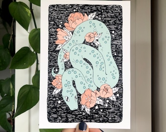 Pastel Mint Snake - Cute Snake Art Print 5x7"