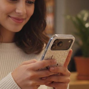 May include: A smartphone case featuring a light-colored, intricate, repeating floral or damask pattern on the back. The case is clear around the edges and includes a rectangular cutout for the triple-lens camera system on the back of the device.