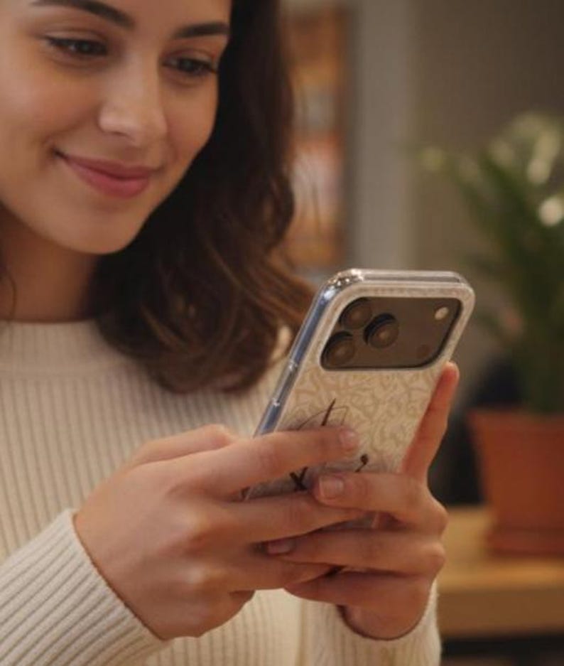 May include: A smartphone case featuring a light-colored, intricate, repeating floral or damask pattern on the back. The case is clear around the edges and includes a rectangular cutout for the triple-lens camera system on the back of the device.