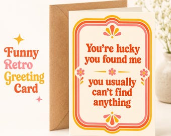 Tarjeta de felicitación retro divertida, tamaño A5, 300 g/m², acabado mate, con sobre blanco.