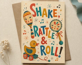 Retro Baby Shower Card | Shake, Rattle & Roll! (A5 Greeting Card)