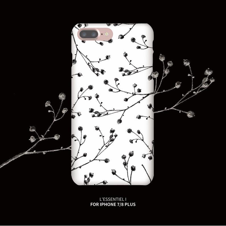 May include: A white iPhone case with a black and white floral pattern. The case is designed for iPhone 7/8 Plus and features the text "L'ESSENTIEL I".