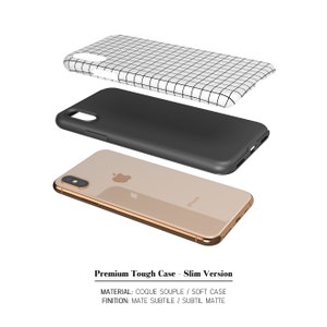 May include: A black and white grid pattern phone case with a black protective bumper. The case is shown in three parts: the phone case, the protective bumper, and the phone itself. The phone is gold and has the word "iPhone" printed on the back.