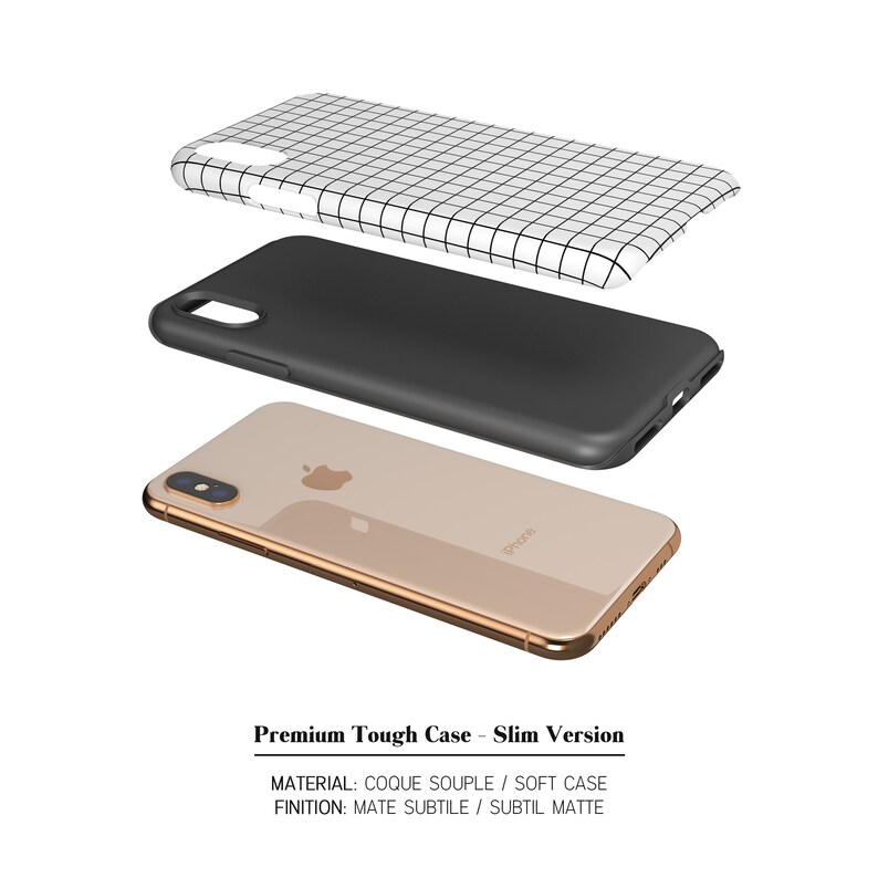 May include: A black and white grid pattern phone case with a black protective bumper. The case is shown in three parts: the phone case, the protective bumper, and the phone itself. The phone is gold and has the word "iPhone" printed on the back.