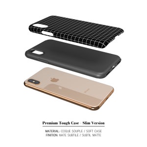 May include: A black and white grid pattern phone case with a black phone case underneath and a gold iPhone phone. The text on the image reads "Premium Tough Case - Slim Version", "MATERIAL: COQUE SOUPLE / SOFT CASE", and "FINITION: MATE SUBTILE / SUBTIL MATTE".