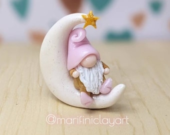 Mini Gnome on Moon/ Little Gnome diorama/ Tiny Gnome Crescent Moon/ fairy garden gnome/ indoor clay gnome/ mini gnome for planter/ display