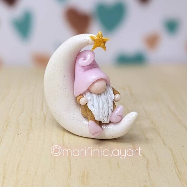 Mini Gnome on Moon/ Little Gnome diorama/ Tiny Gnome Crescent Moon/ fairy garden gnome/ indoor clay gnome/ mini gnome for planter/ display