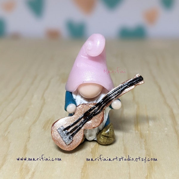 Guitar gnome figurine miniature/ dollhouse display/ indoor fairy garden gnome/ musician gnome potted plant decor/ whimsical fairy elf shelf