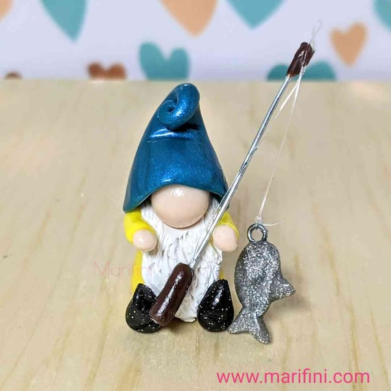 clay fishing pole Fisherman Gnome with Rod and Fish/ Miniature Handmade Collectible Clay  Gnome/ Desk Gnome Decor