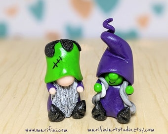 Halloween-miniatuurkabouterset: handgemaakte polymeerklei Frankenstein en heks / Halloween-kabouters voor verzamelaars / Schattig spookachtig bureaudisplay