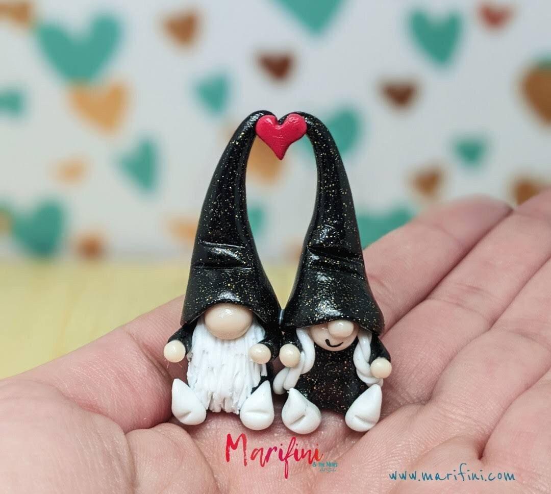 Miniature Love Gnome Couple/ Handmade Clay Gnome Figurines/ Valentine's Day Gnomes/ Love Gnome Couple