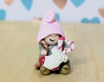 Stocking Candy Canes Girl Gnome/ Miniature Handmade Clay Gnome/ Christmas Holiday Gnome Village Desk Decor