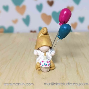 Birthday Miniature Gnome/ Celebration Gnome/ Cupcake Balloons Gnome/ polymer clay gnome display/ miniature birthday desk buddy gnome