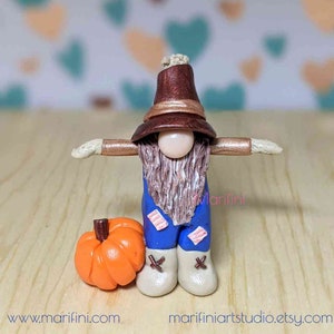 May include: A small, handmade gnome figurine dressed as a scarecrow with a brown hat, blue overalls, and a brown beard. The gnome is holding a small orange pumpkin.