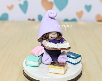 Book Lover Girl Gnome/ Miniature Librarian Desk Decor/ Collectible Clay Girl Gnome