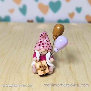 Handcrafted Birthday Girl Gnome: Miniature Polymer Clay Figurine