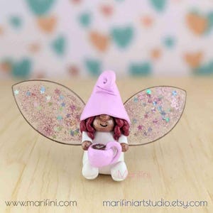Handcrafted Fairy Gnome with Coffee: Polymer Clay Miniature Figurine