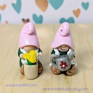 May include: Two pink and white gnome figurines, one holding a silver watering can with a red flower, the other holding a pot of yellow flowers.  The gnomes are sitting on a wooden surface.