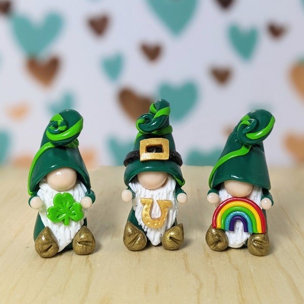 St. Patrick gnomes/ miniature handmade gnomes/ leprechauns/ handmade polymer clay figurine/ good luck gnomes/ horseshoe/ clover