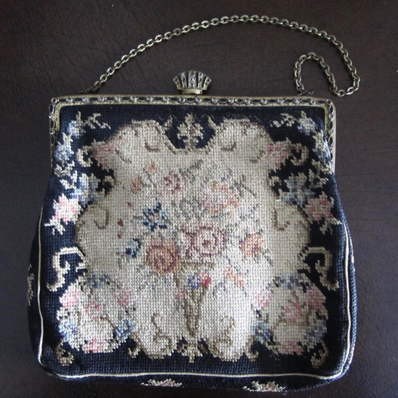 VINTAGE Petit Point Needlepoint Black/Cream Flora… - image 2