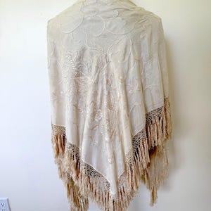 Antique Manton de Manila Silk Piano Shawl: Hand Embroidered Peonies & Phoenix