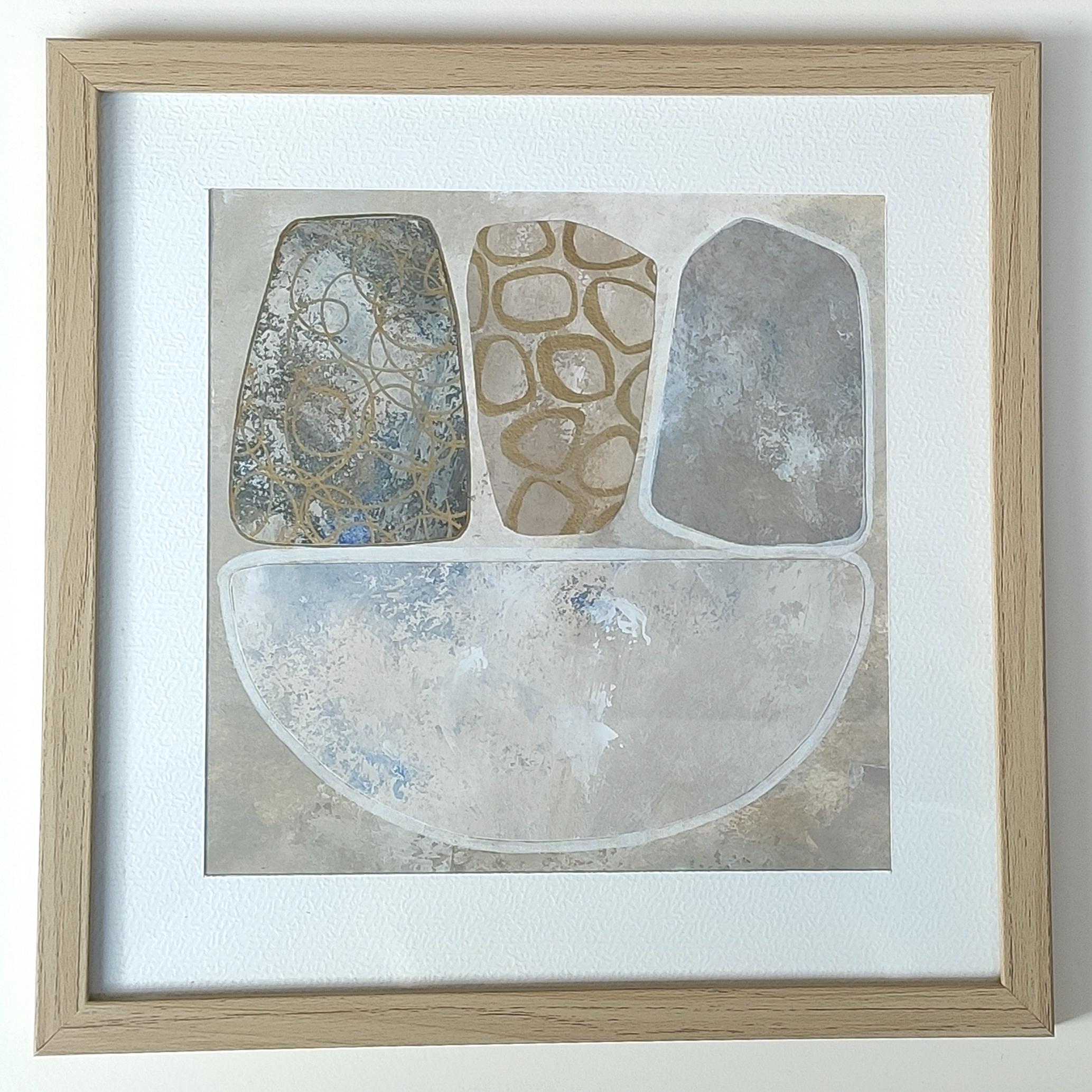 ミクストメディア技法のオリジナルアートワーク、紙に抽象画、木製