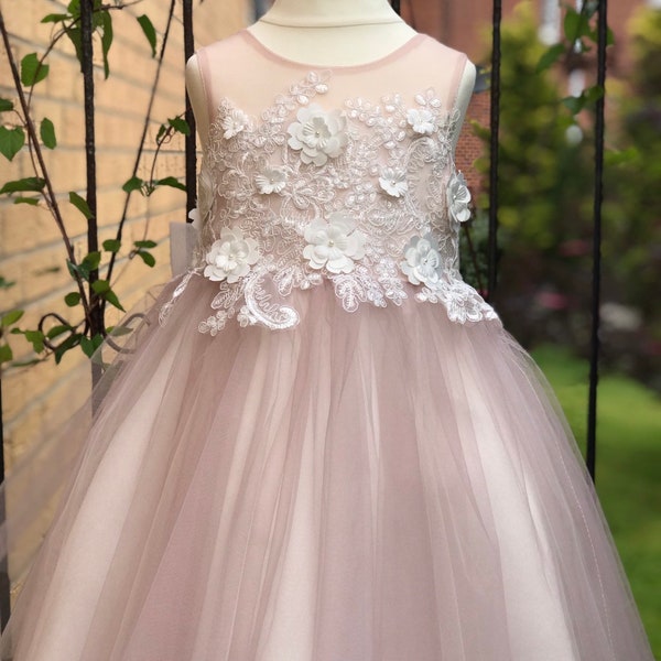 Dusty Rose 3D Flower Lace V Back Wedding Flower Girl Dress M0078B