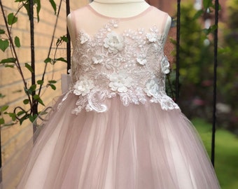 Dusty Rose 3D Flower Lace V Back Wedding Flower Girl Dress M0078B