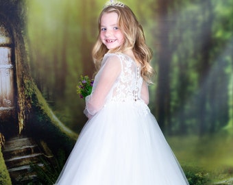 Long Sleeves Floor Length Ivory Lace Tulle Flower Girl Bridesmaid Dress M0088