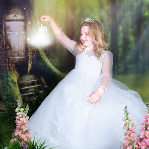 Long Sleeves Floor Length Ivory Lace Tulle Flower Girl Bridesmaid Dress M0088 image 2