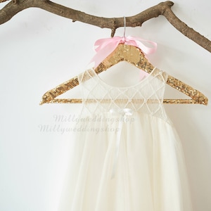 Boho Beach Pearl Beaded Lace Champagne Tulle Wedding Flower Girl Dress M0072
