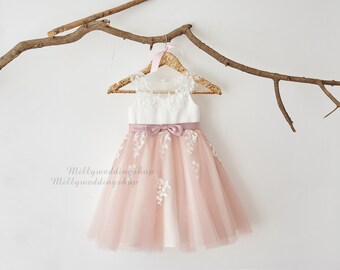 short lace flower girl dress with illusion sleeves