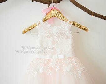 Ivory Lace Pale Pink Tulle Flower Girl Dress Wedding Bridesmaid Dress with Bow Belt  M0067