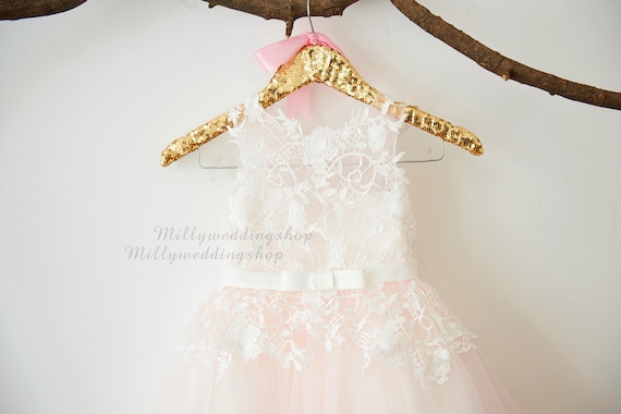 Ivory Lace Pale Pink Tulle Flower Girl Dress Wedding Bridesmaid Dress with Bow Belt  M0067