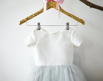 Flower Girl Dress Short Sleeves Ivory Satin Silver Gray Tulle with big bow M0014