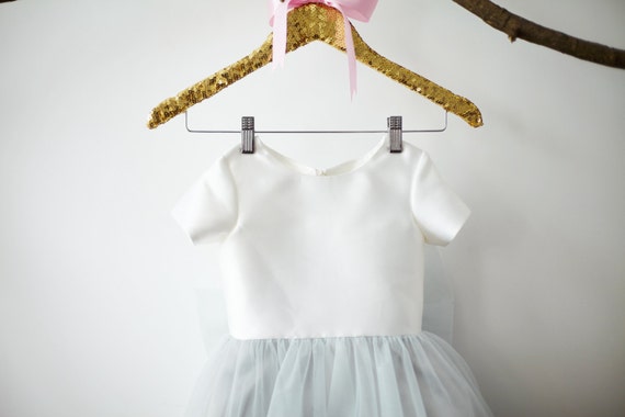 Flower Girl Dress Short Sleeves Ivory Satin Silver Gray Tulle with big bow M0014