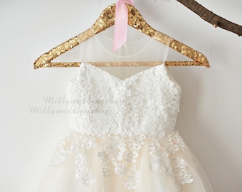 Illusion Sheer Neck Ivory Lace Champagne Tulle Wedding Flower Girl Dress M0061