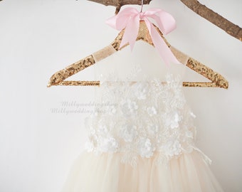 3D Flower Lace V Back Wedding Flower Girl Dress M0078